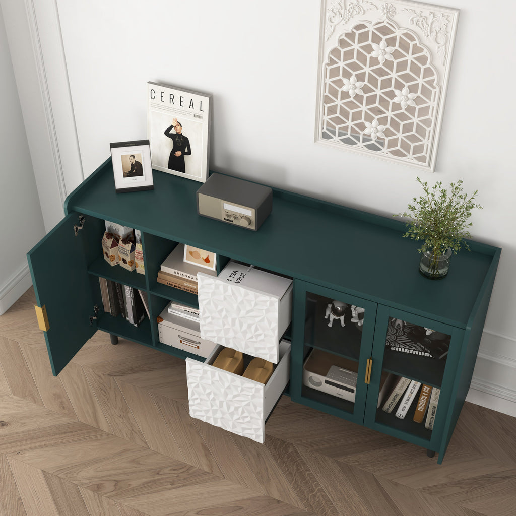 Modern Kitchen Pantry Storage Cabinet , 55" Coffee Bar Storage Cabinet with 2 Drawers, 2 Open Storage Compartment & 2 Glass Doors, Wood Buffet Table for Kitchen, Living Room, Green