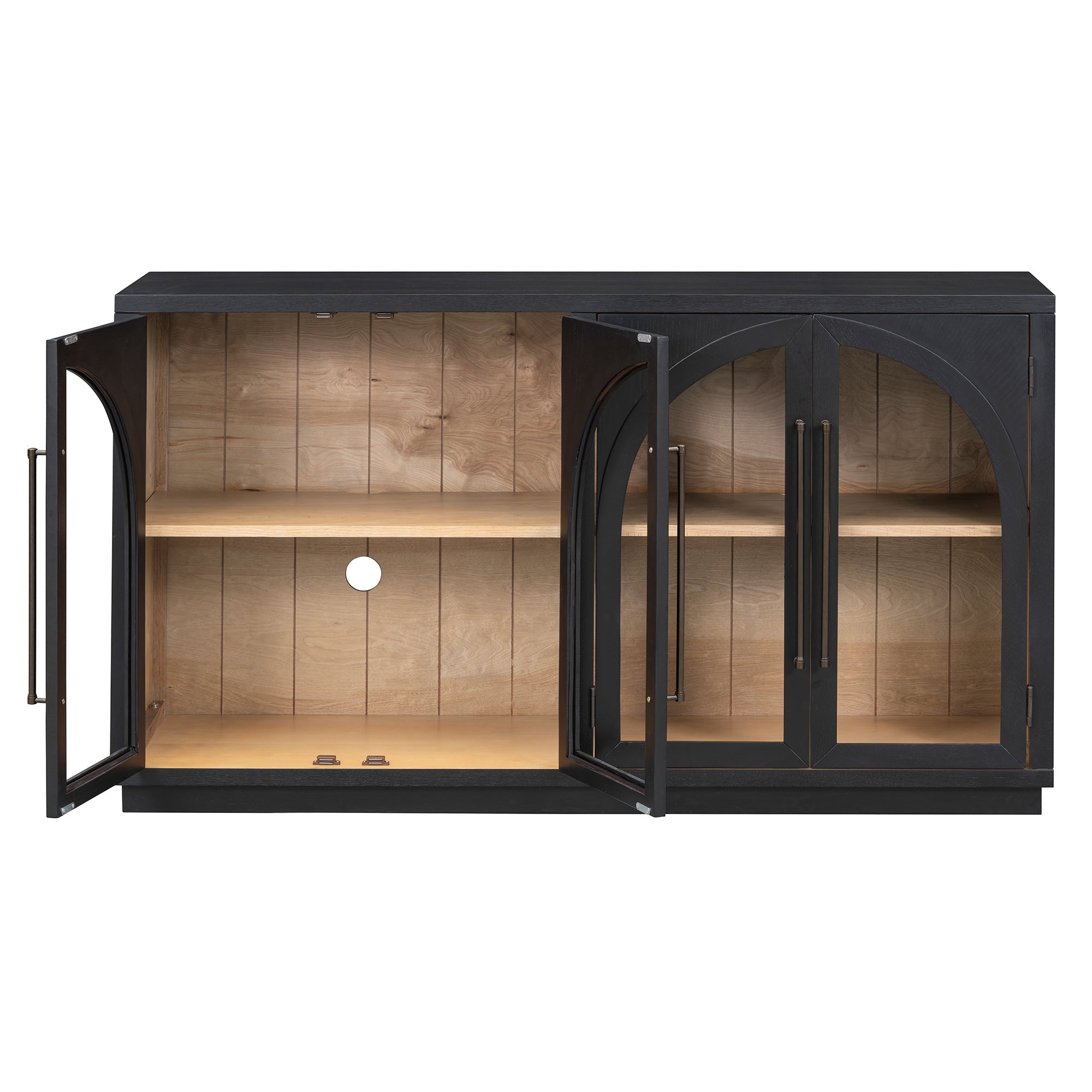 TREXM 4-Door Large Storage Sideboard Buffet Cabinet with Glass Doors, Arched Cabinet with Adjustable Shelves for Kitchen, Dining Room and Living Room (Black)