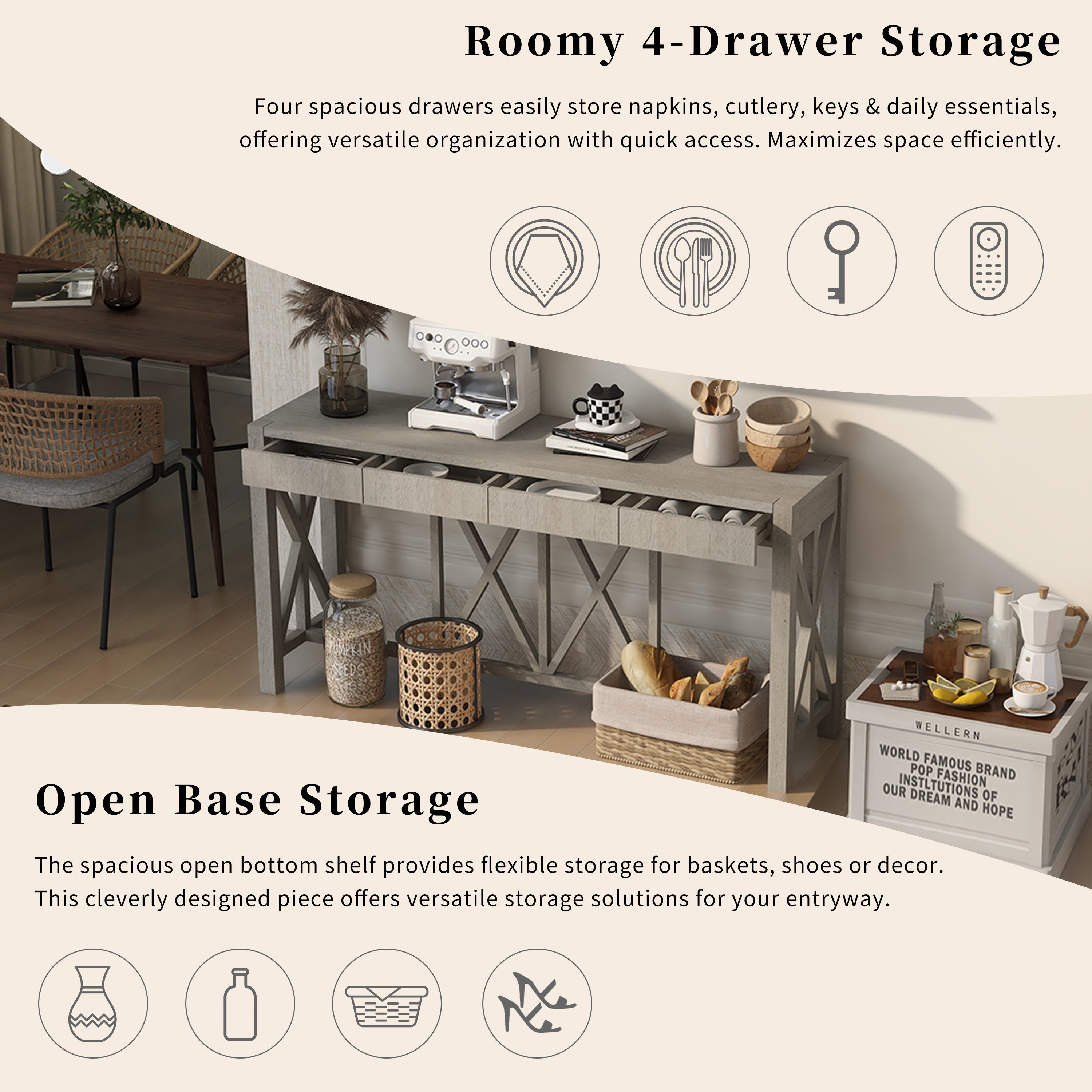 U_Style 60''Acacia Veneer Console Table with 4 Spacious Drawers, Modern Crisscross Design Entryway Table with Open Bottom Storage,Farmhouse Sofa Table for Living Room,Kitchen,Dining Room,Hallway