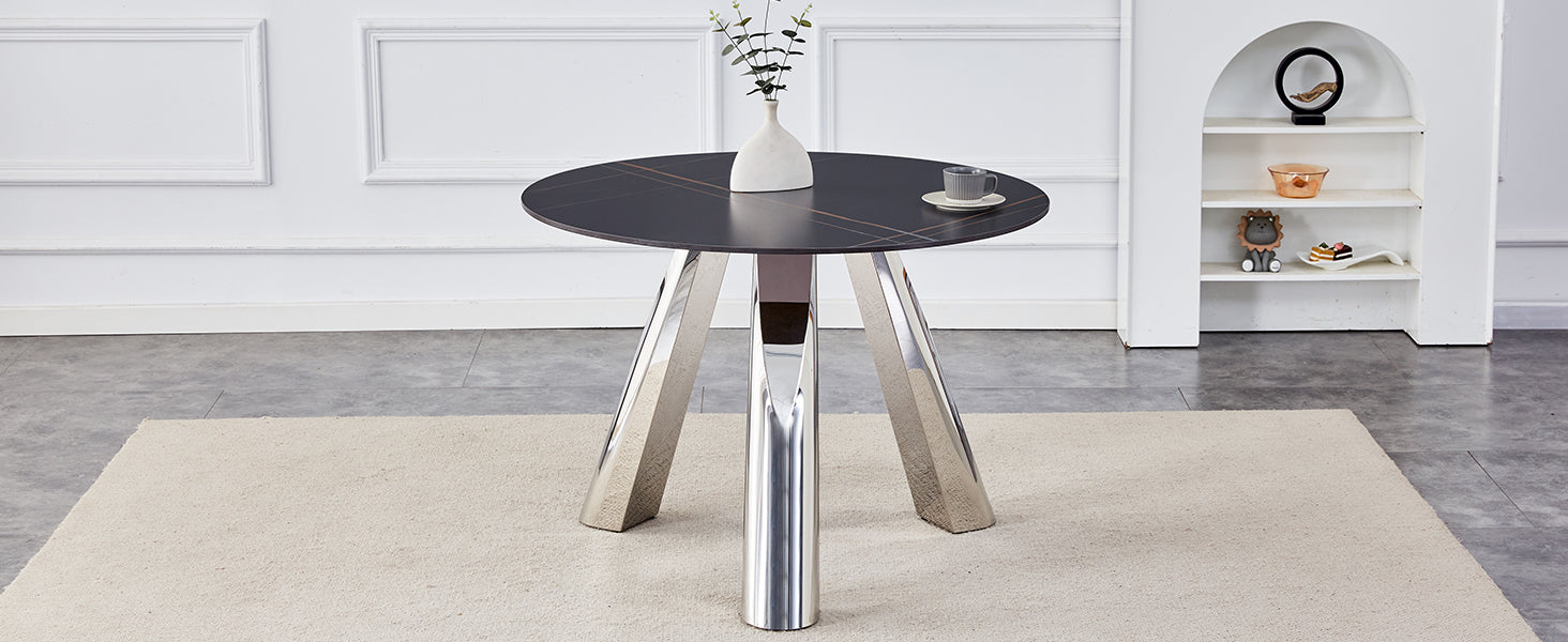42' Luxury Sintered Stone Table: 0.45' Durable Top + 6' Steel Legs,350lb Capacity, Stain/Heat-Resistant Black Veined Surface - Modern Minimalist DesignW1512S00111