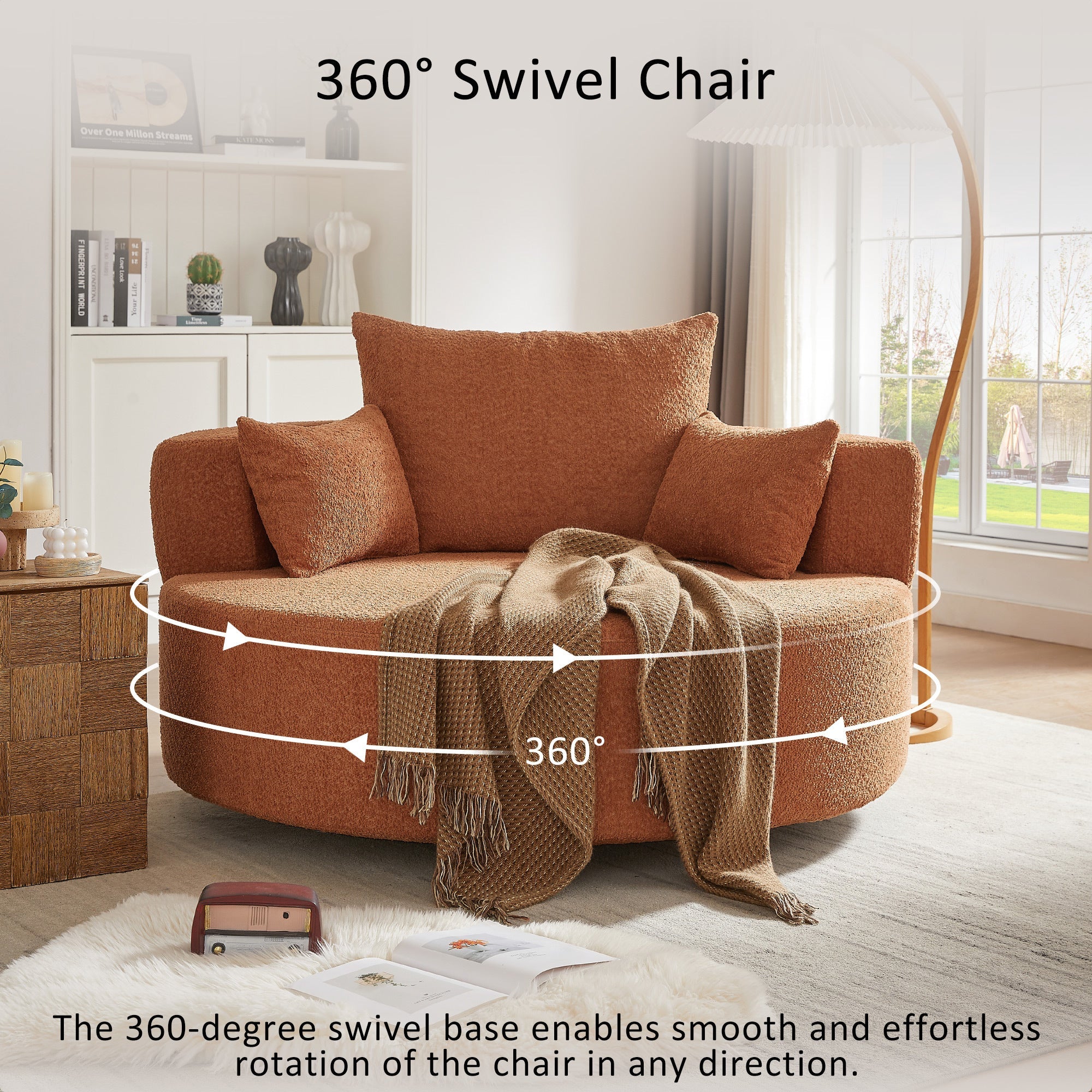 360° Swivel Accent Barrel Chair with Removable Pillows, Orange Red Chenille, 56.3 Inch