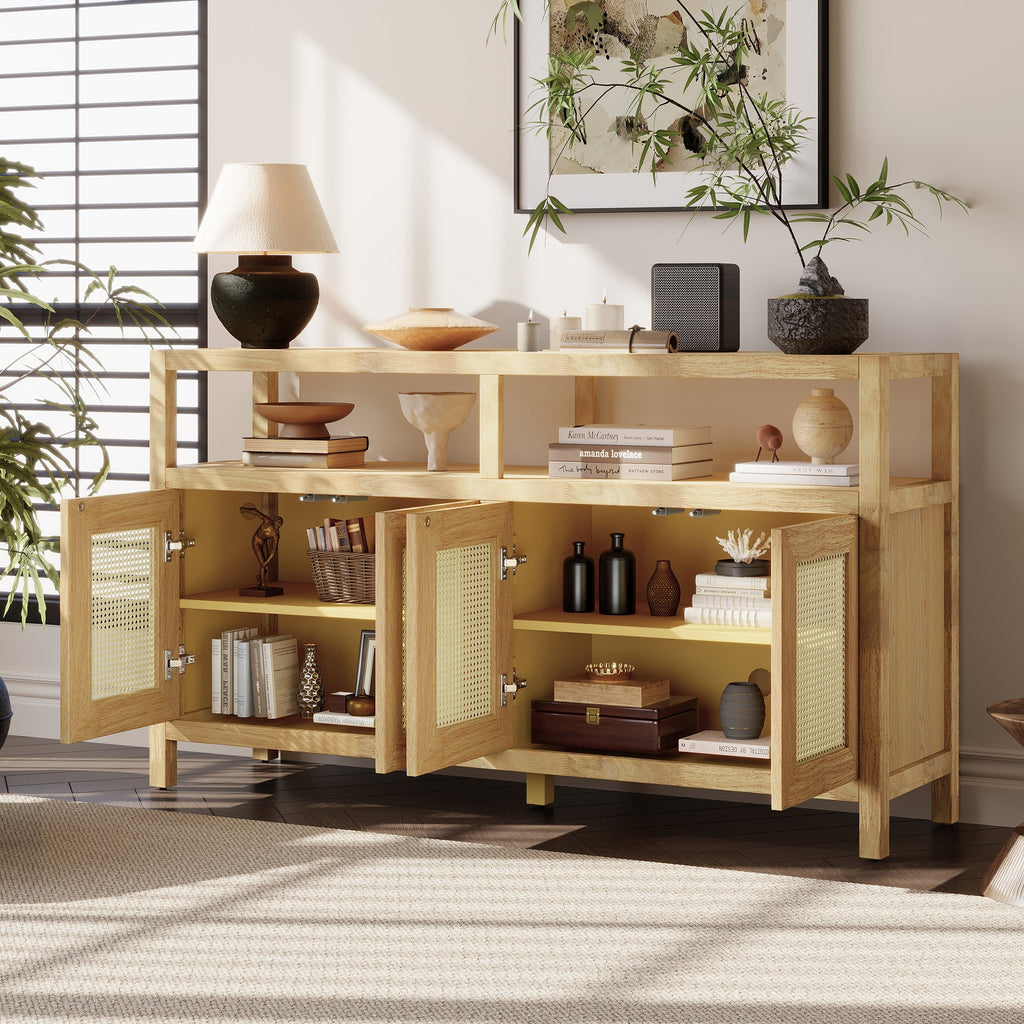 TREXM Bohemian Style Rattan Buffet Storage Cabinet with Solid Wood Frame, Sideboard with 3-position Adjustable Shelves for Living & Dining Rooms, No-Handle Push-to-Open Design (Natural)