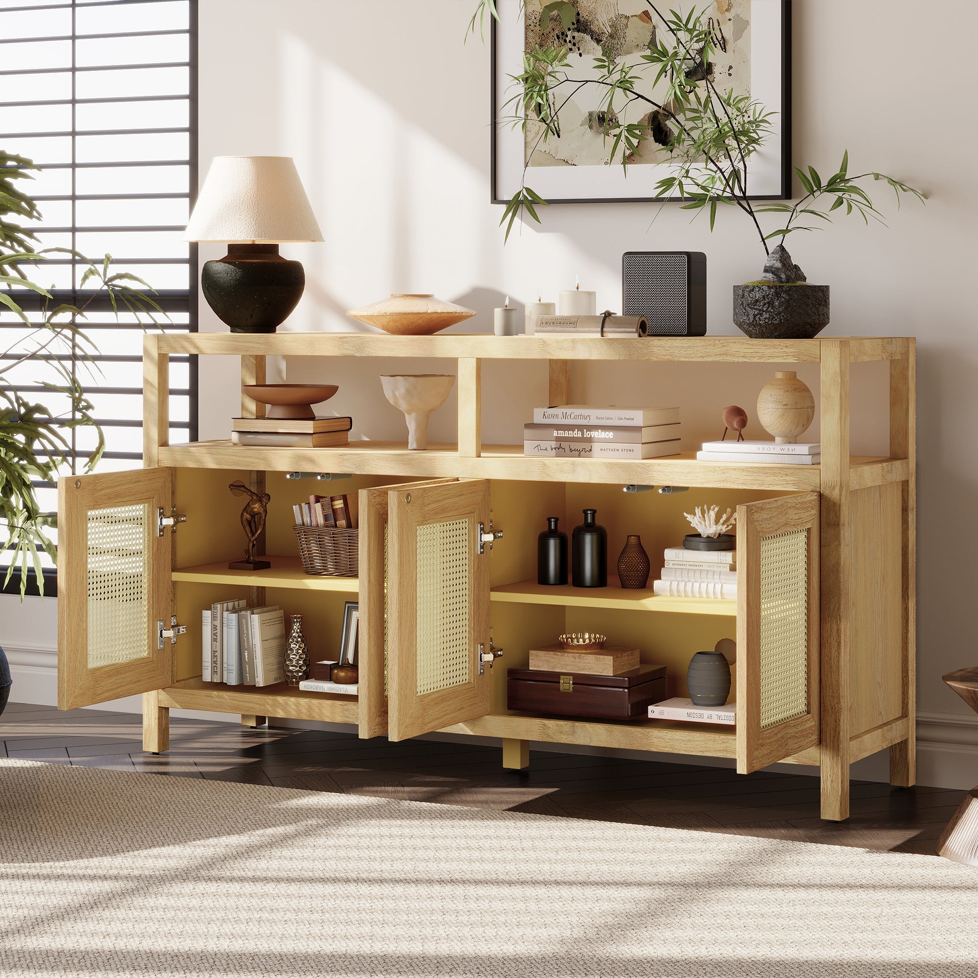 TREXM Bohemian Style Rattan Buffet Storage Cabinet with Solid Wood Frame, Sideboard with 3-position Adjustable Shelves for Living & Dining Rooms, No-Handle Push-to-Open Design (Natural)