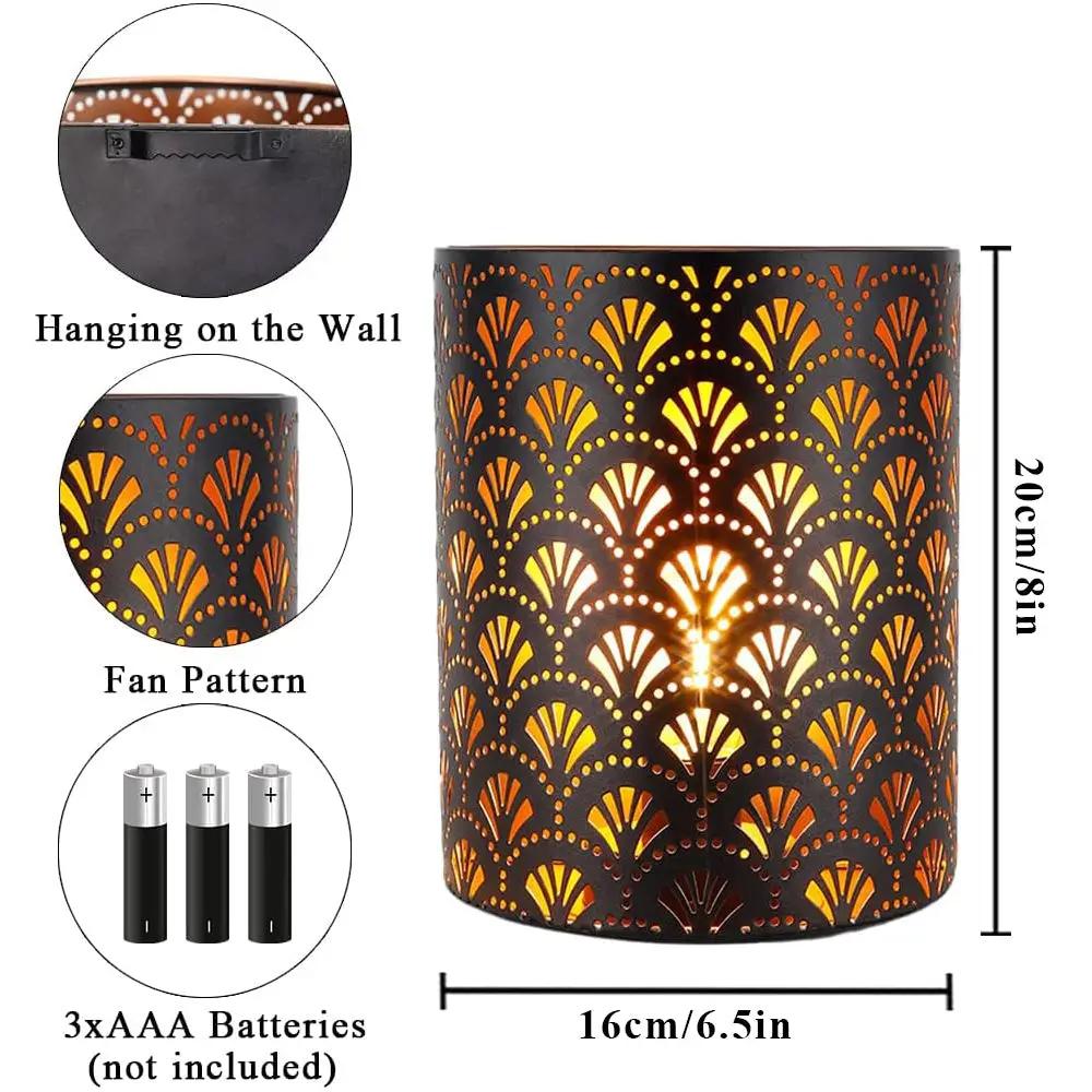 JHY DESIGN 8''H metal rustic wall lamp with fan-pattern cutouts, wall-mount, battery-operated, 6-hour timer
