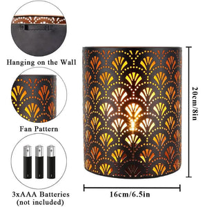 JHY DESIGN 8''H metal rustic wall lamp with fan-pattern cutouts, wall-mount, battery-operated, 6-hour timer