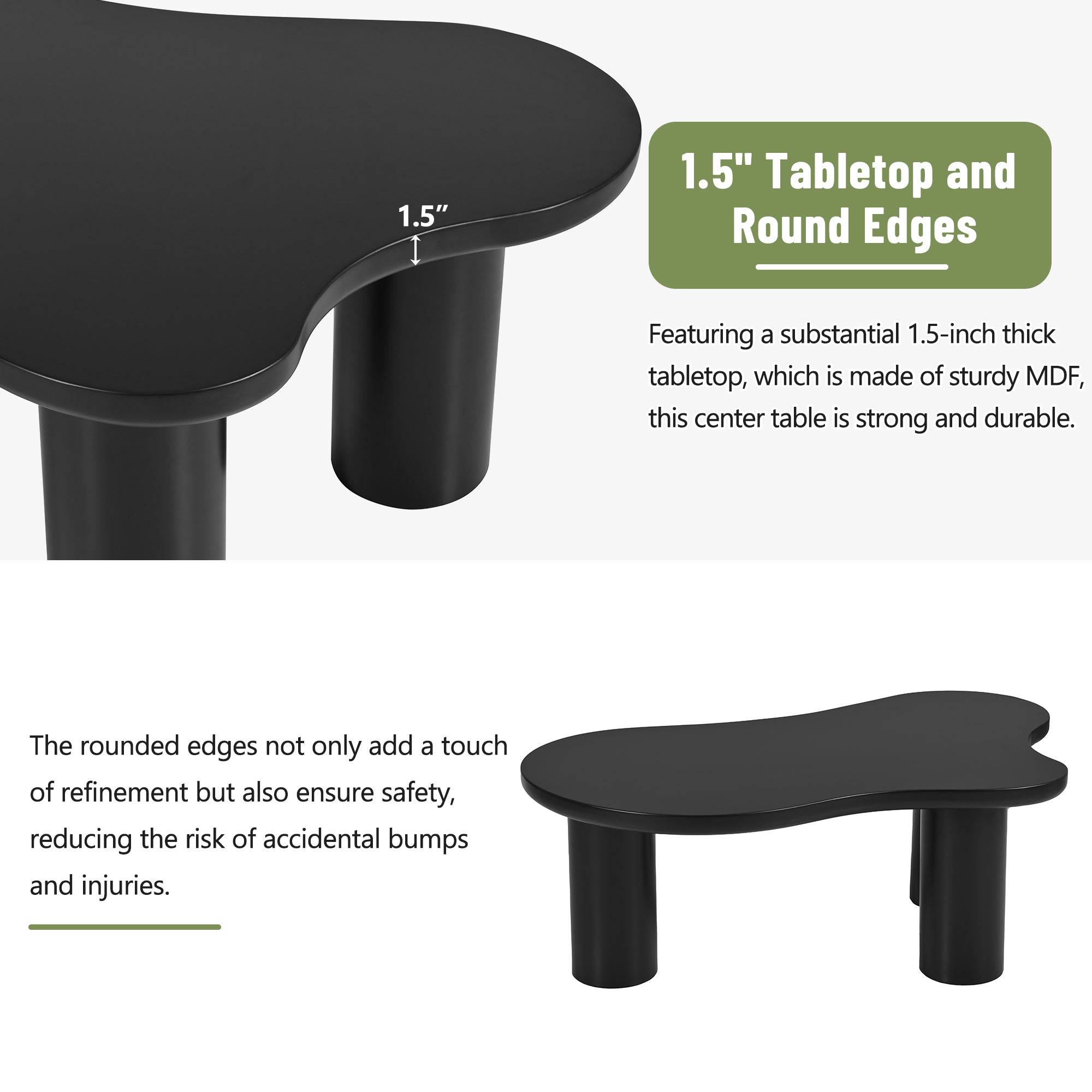 ON-TREND 44'' x 25.9'' Easy Assembly Cloud Coffee Table with 1.5'' Thick Tabletop, Cream Style Irregular End Table with 3 Sturdy Legs, Sleek Center Table with Round Edge for Living Room, Black