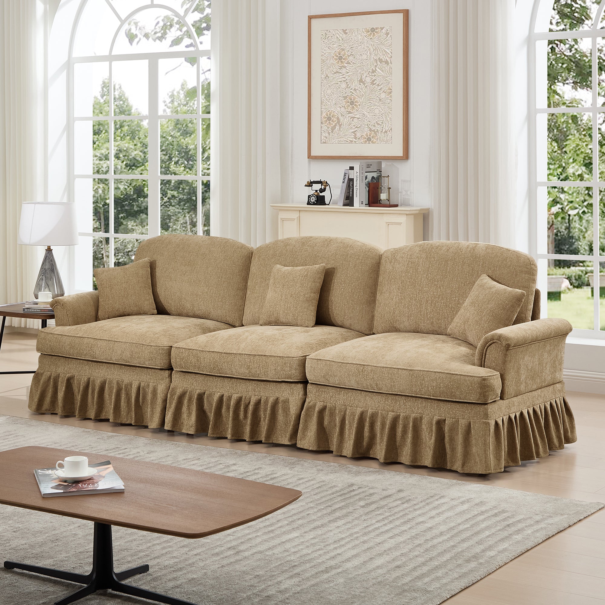 Elegant Mid Century Large 3 Seater Sofa Couch with Flared Arms and Removable Ruffles Pleats Skirts and Spindle Legs, Comfy Chenille Three-Seat Sofa for Living Room, Light Coffee