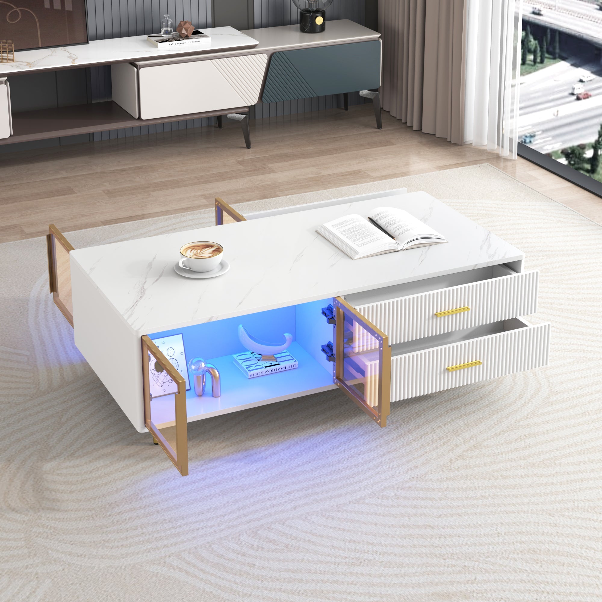 Modern White Coffee Table with 2 Glass Door Storage, 4 Drawers, Gold Metal Legs, and Multi-Color Lighting in 47.2''