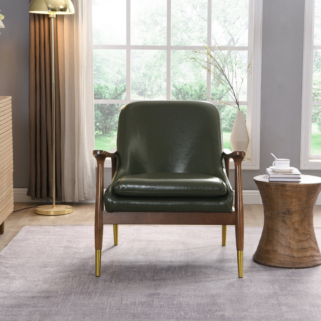 Mid-Century Faux Leather Accent Chair with Cushioned Seat, Solid Wood Frame, Brass-Tipped Legs, Cognac-Brown