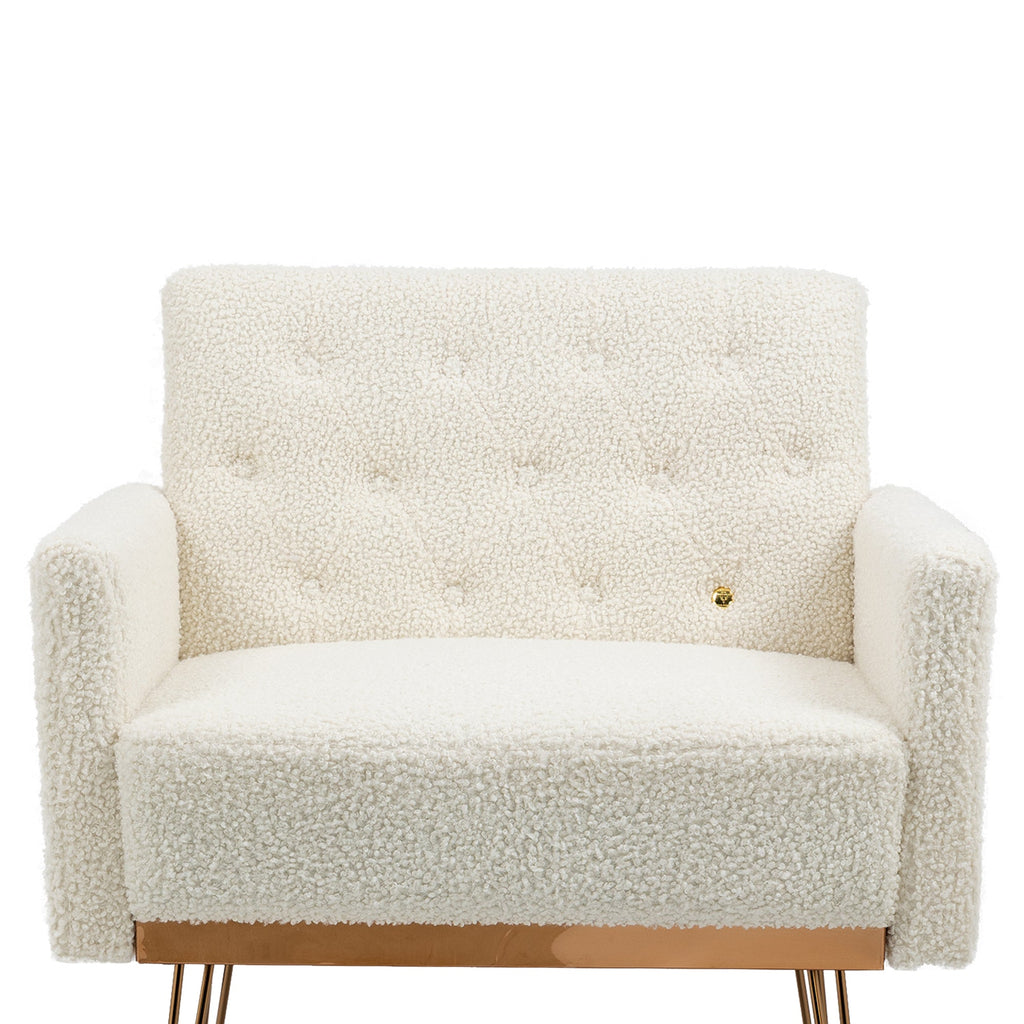 COOLMORE  Armchair Single Sofa Modern Tufted Upholstered Side Reading Chairs with Arm and Gold Metal Leg for Living Room Bedroom (White teddy )