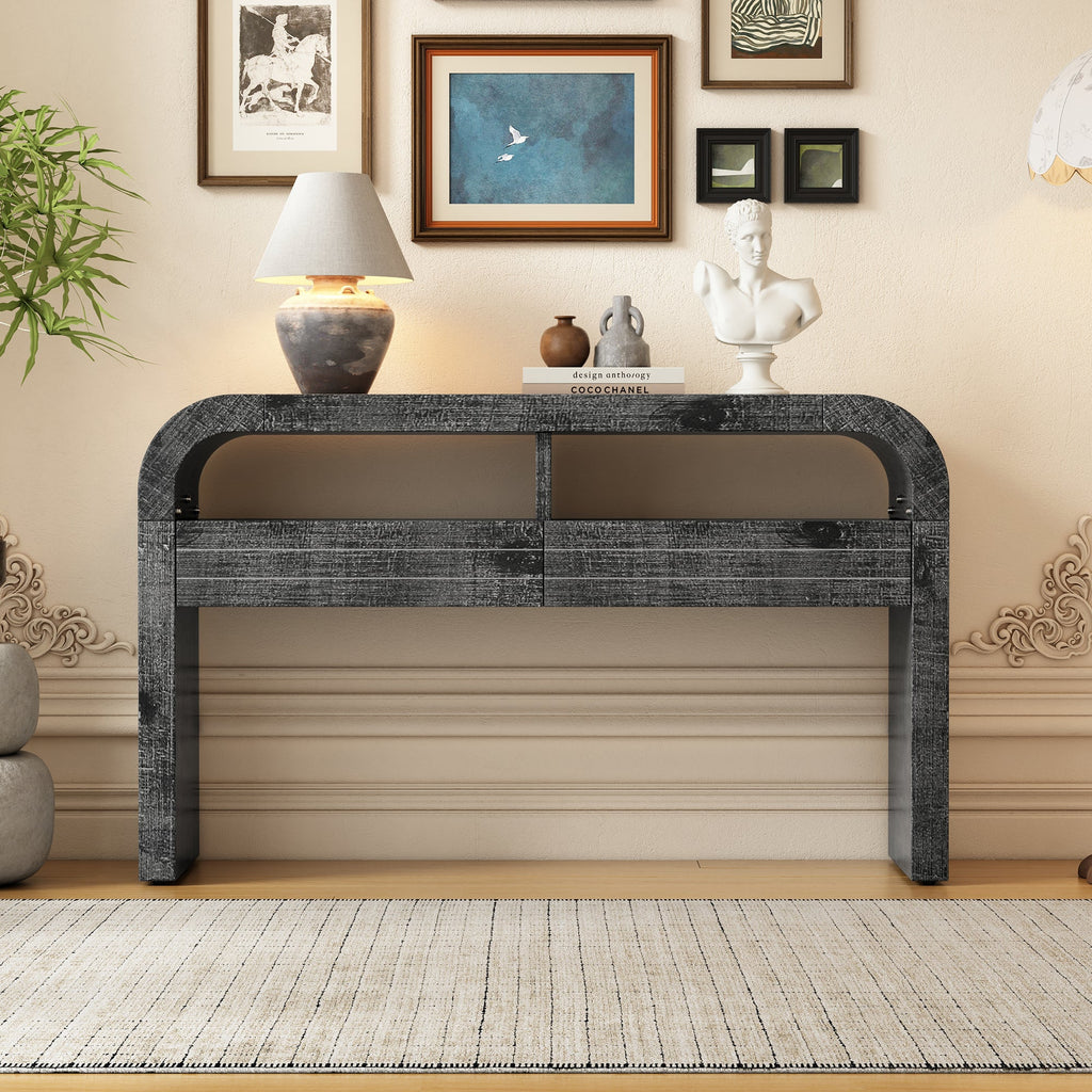 TREXM Console Table Entryway Table, Retro Curved Sofa Table with 2 Large Drawers, Narrow Console Table for Living Room Hallway Entrance, 52''×14''×31.5'', Antique Black