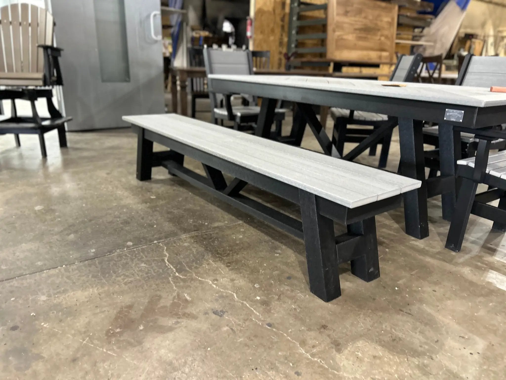 Harmony Outdoor Table with benches in grey wood finish by Wooden Whale Workshop