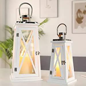 JHY DESIGN decorative candle lanterns, set of 2 rustic white metal hanging lanterns with glass panes, 15.5 in and 22 in tall.