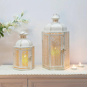 Decorative candle lanterns by JHY DESIGN, white distressed metal with lattice panels, 15in and 11in tall, two lanterns