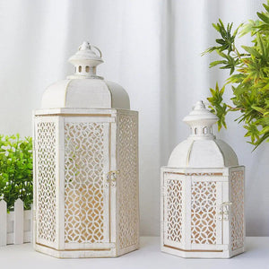 Decorative candle lanterns by JHY DESIGN, white distressed metal, 15- and 11-inch tall, set of two.