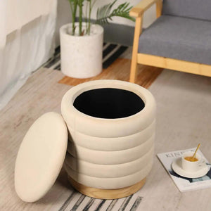 JHY DESIGN cream velvet storage ottoman, 16.5-in tall, lid off showing black interior and wood base.