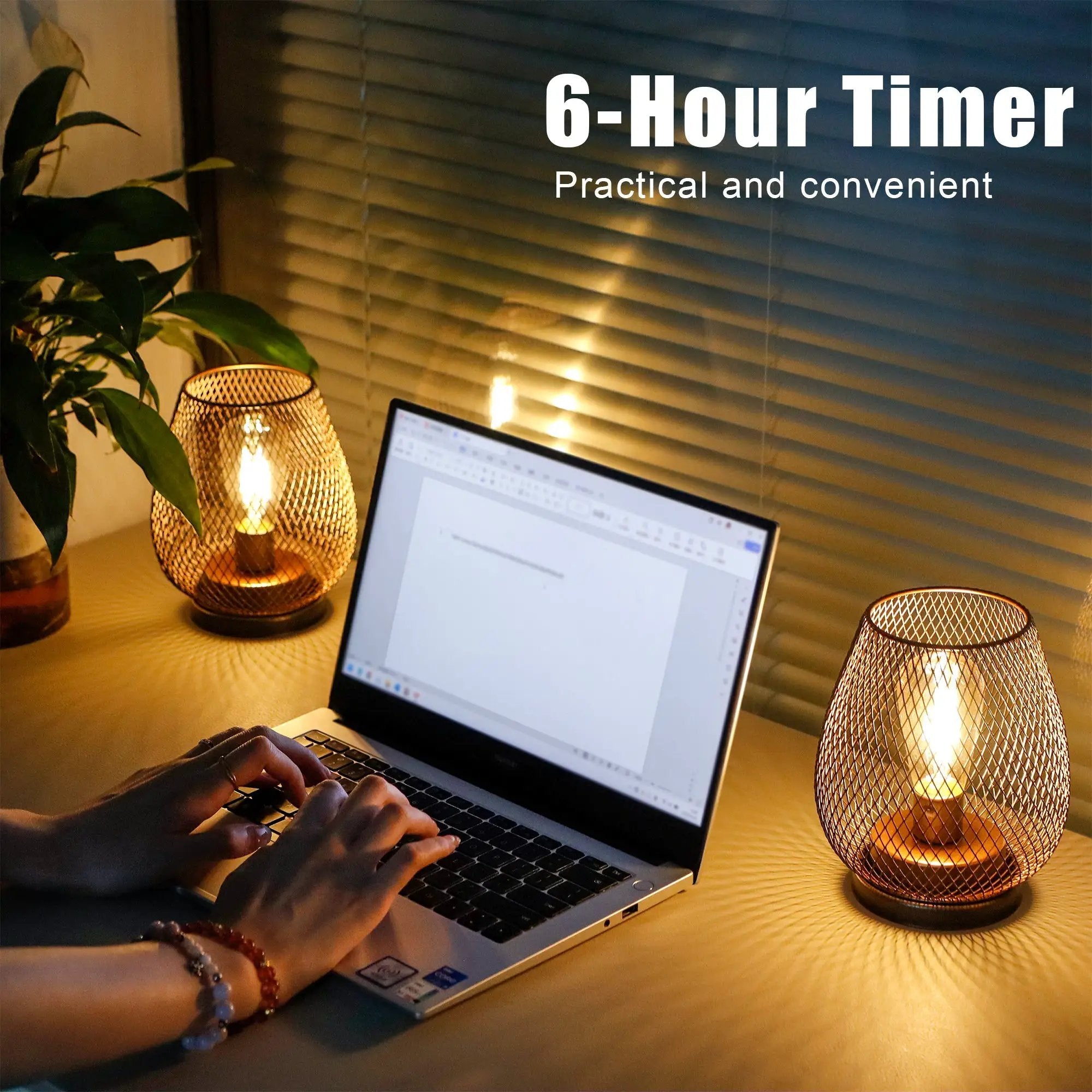 Set of 2 metal cage LED battery-powered desk lamps with warm glow