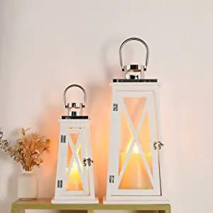 JHY DESIGN white metal decorative candle lanterns, set of 2 (15.5in & 22in) with glass panels.