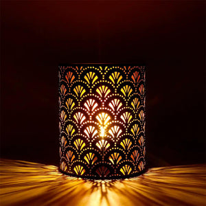 8'' H metal rustic wall-mount lamp, battery-operated, warm amber glow from perforated fan-pattern shade