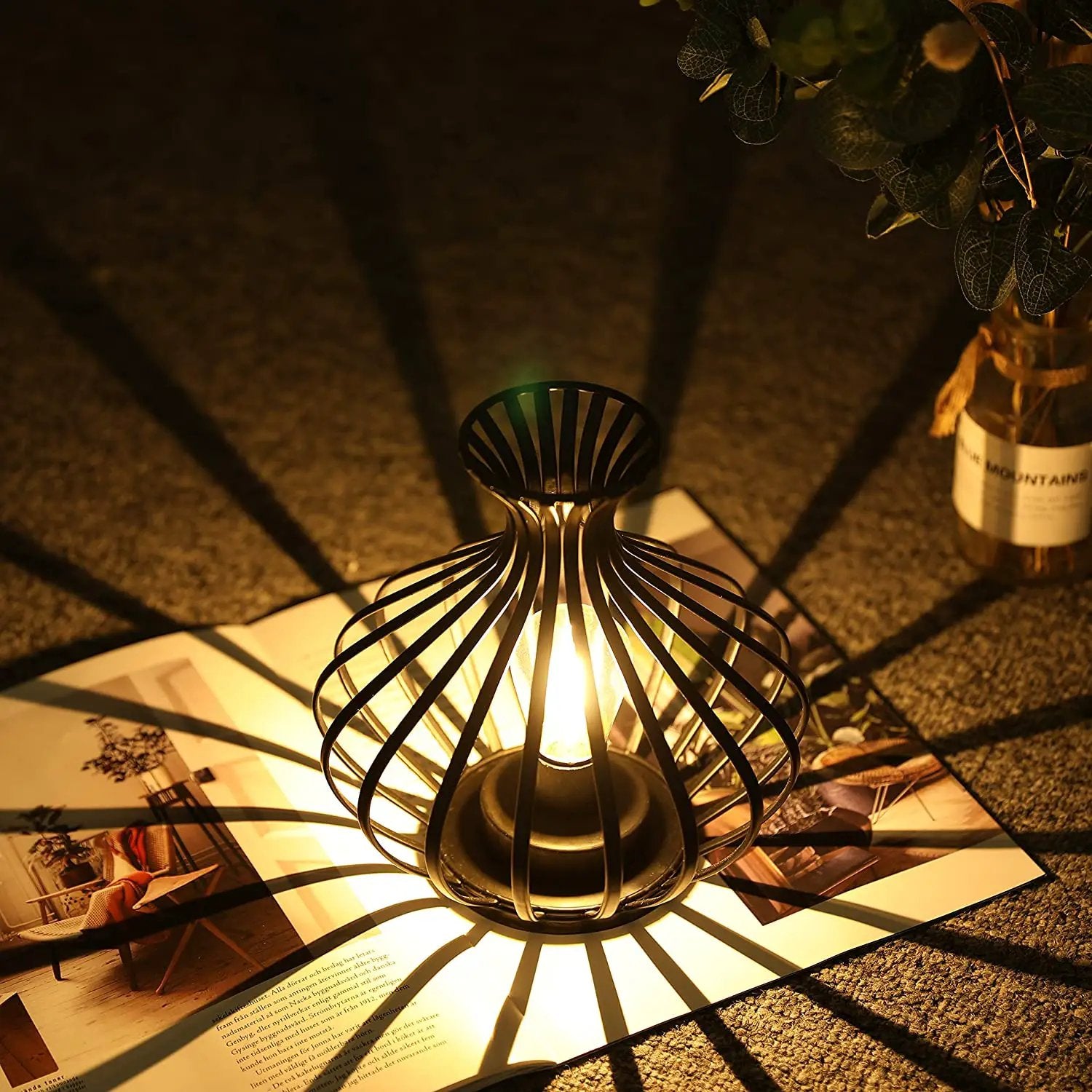 JHY DESIGN 7.5in LED wireless table lamp with black metal cage shade and warm glow