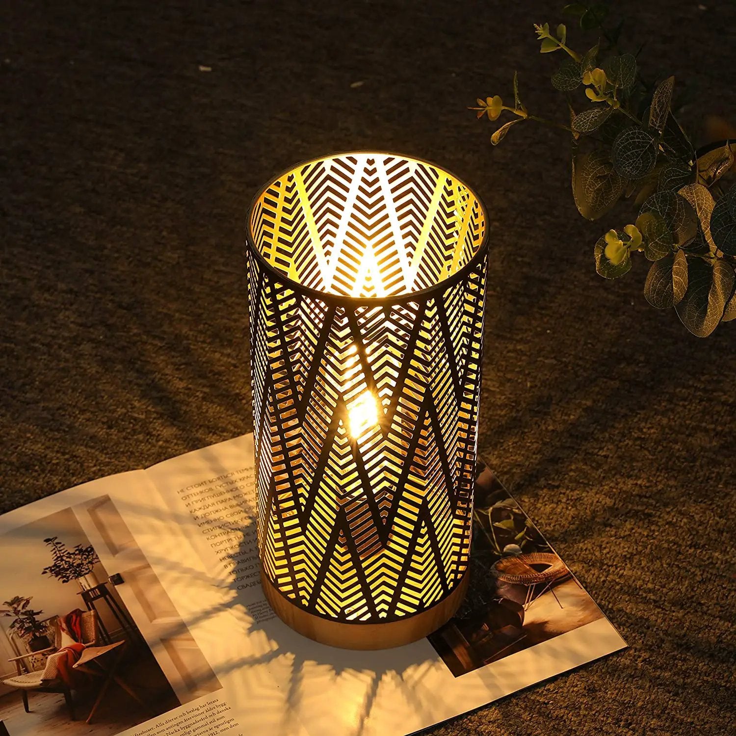 11'' High Battery-Powered Metal Lamp by JHY DESIGN; metal cage with chevron cutouts and warm glow.