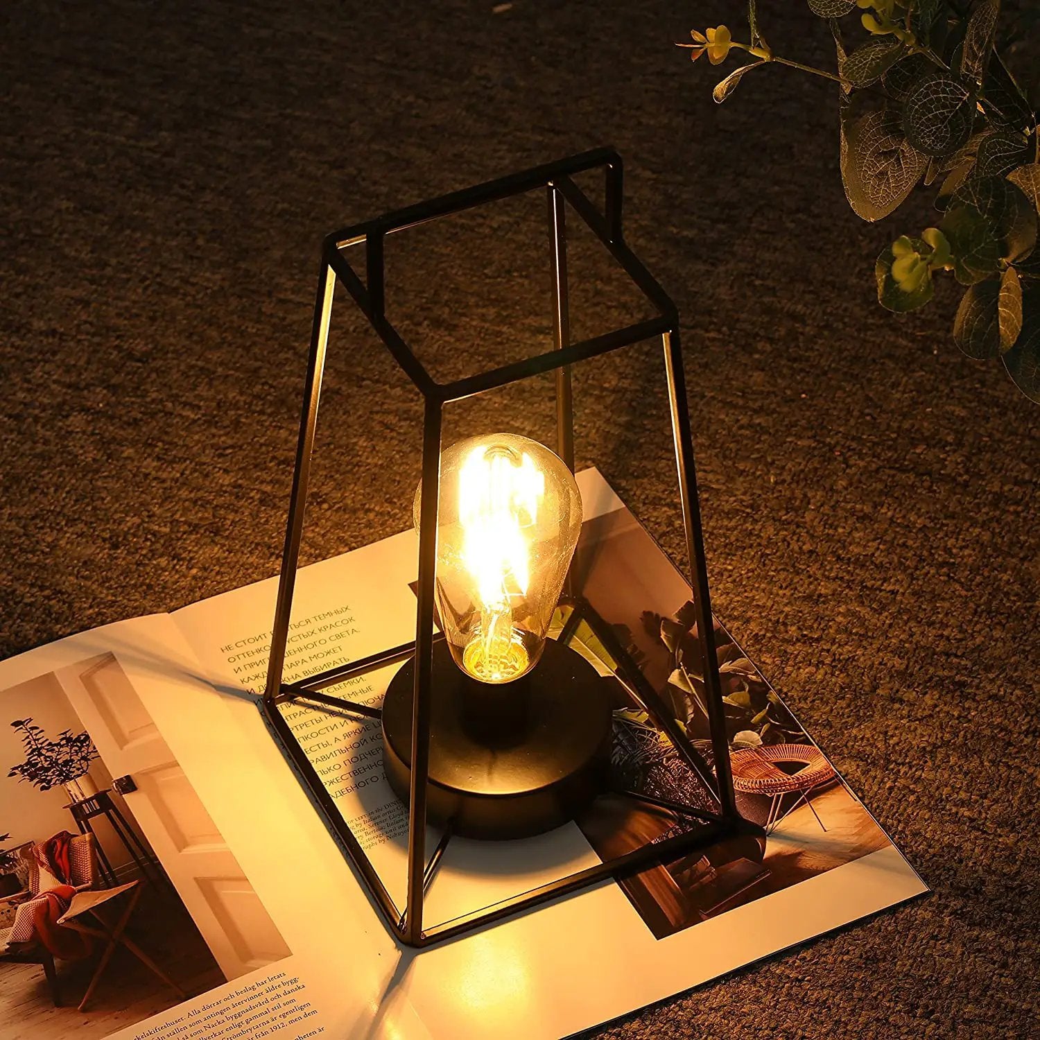 12''H Retro Style Geometric Table Lamp with black metal cube frame and warm Edison bulb