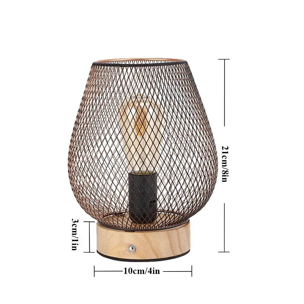 8H touch adjustable table lamp with wooden base and bronze mesh cage, battery powered.