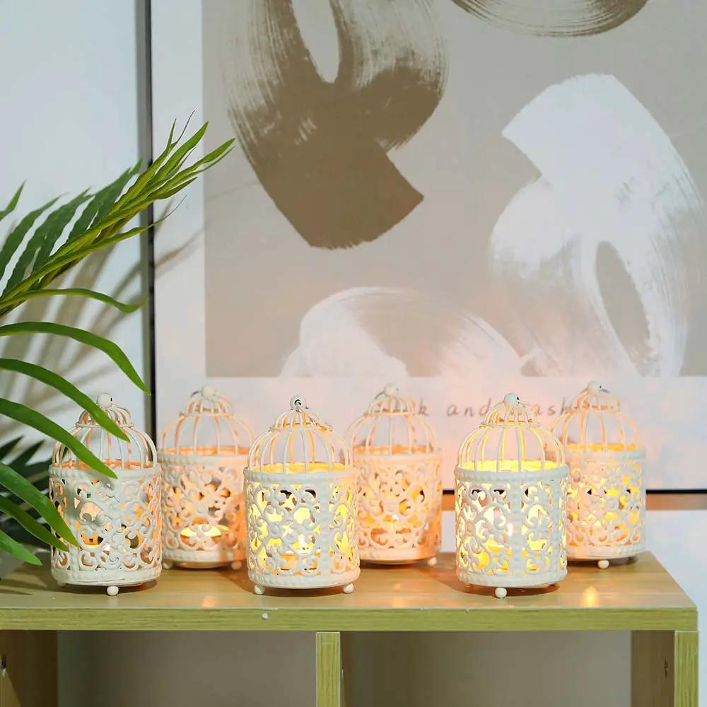 6-pack white metal candle lanterns with intricate lattice, by JHY DESIGN.
