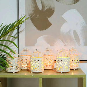 6-pack white metal candle lanterns with intricate lattice, by JHY DESIGN.