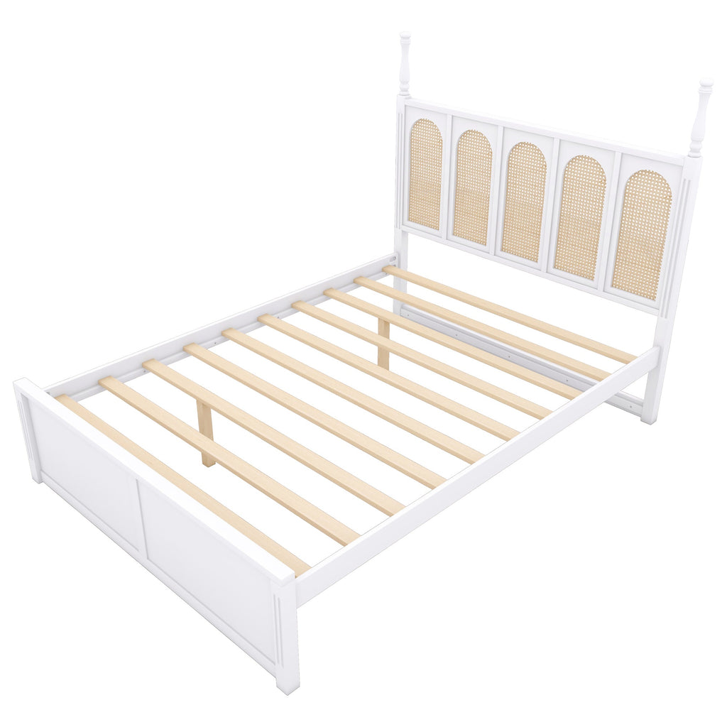 Queen Size Rattan Platform Bed With with 2 Big Drawers, T Size Trundle, White