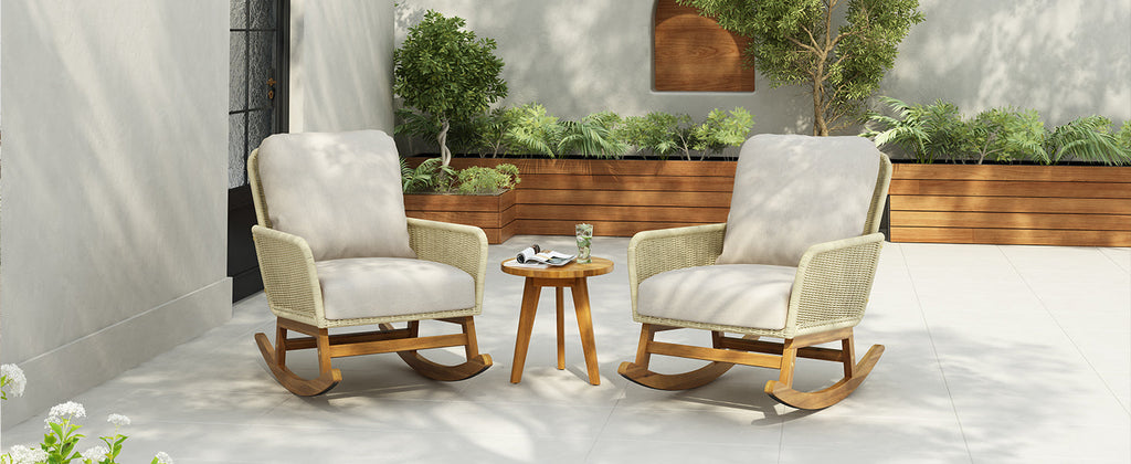 Modern 3-Piece Outdoor Seating Set with Ivory Cushioned PE Rattan Rocking Chairs and Wooden Accent Table, Perfect for Patio or Balcony Relaxation
