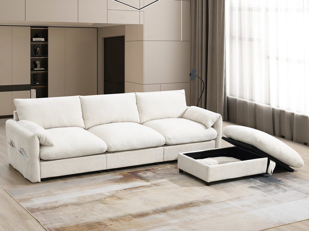 96.5'' Chenille Sectional Sofa with Storage Ottoman and Pockets,Adjustable Phone Holder,Wide Seat,4 Seat L Shaped Couch Set,Comfy Sofa with USB Charger for Living Room,Apartment,3 Colors