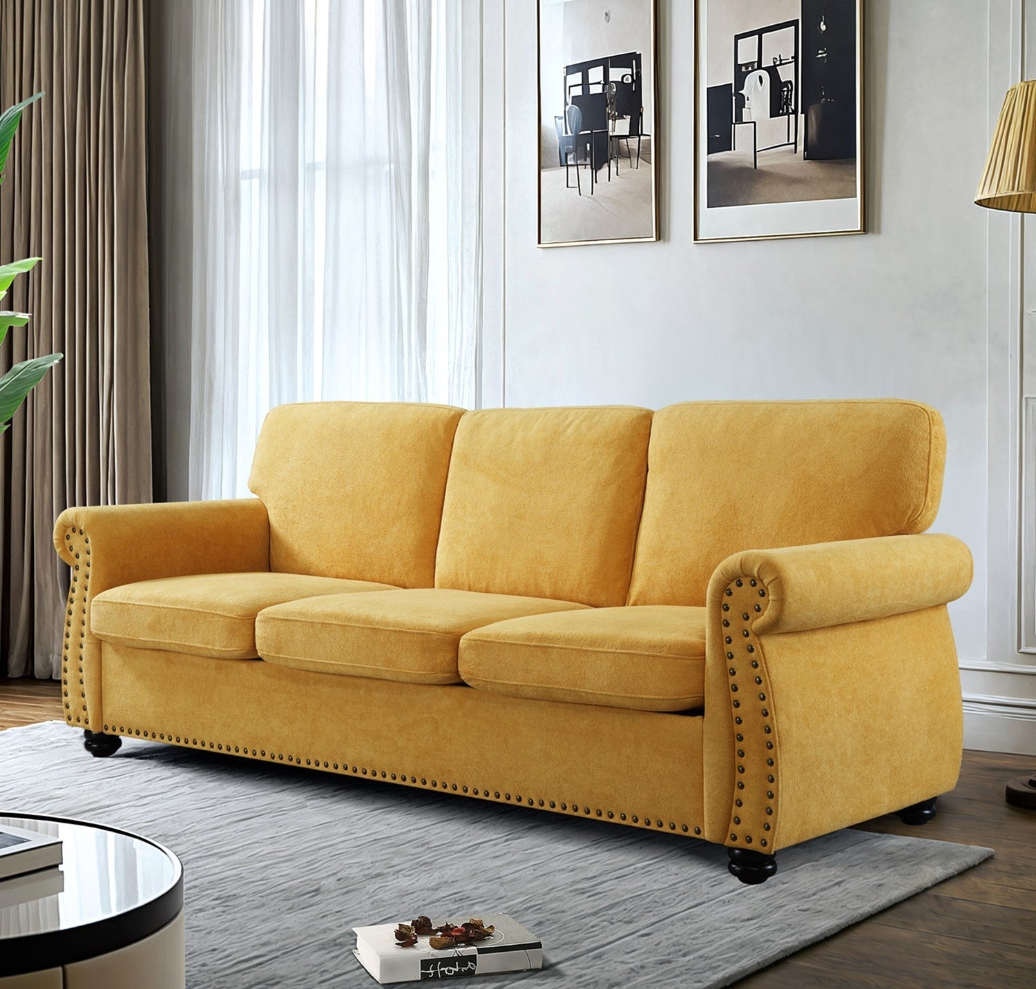 Soft Velvet Sofa, Upholstered 3 Seater Couch with High-Density Foam, Loose Back Cushions and Solid Wood Turned Legs, Chic Living Room Furniture for Home, Apartment and Office, Mustard yellow