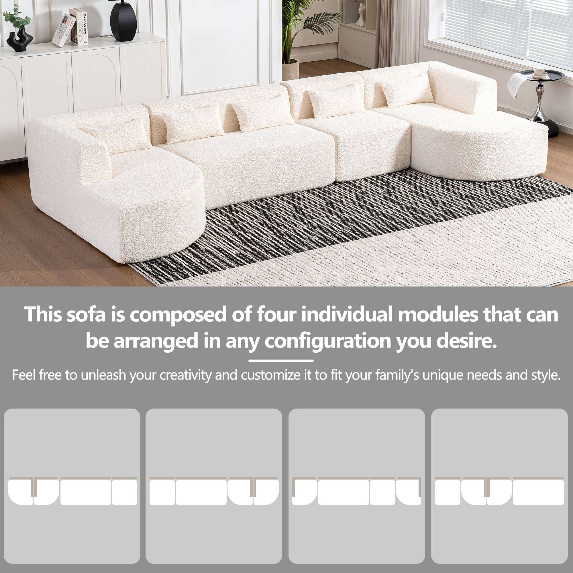 144' Upholstered Sofa Free-combined Sofa Couch with Two Chaise Lounge and Five Back Pillows for Living Room(Old SKU: N719S001600A), Beige