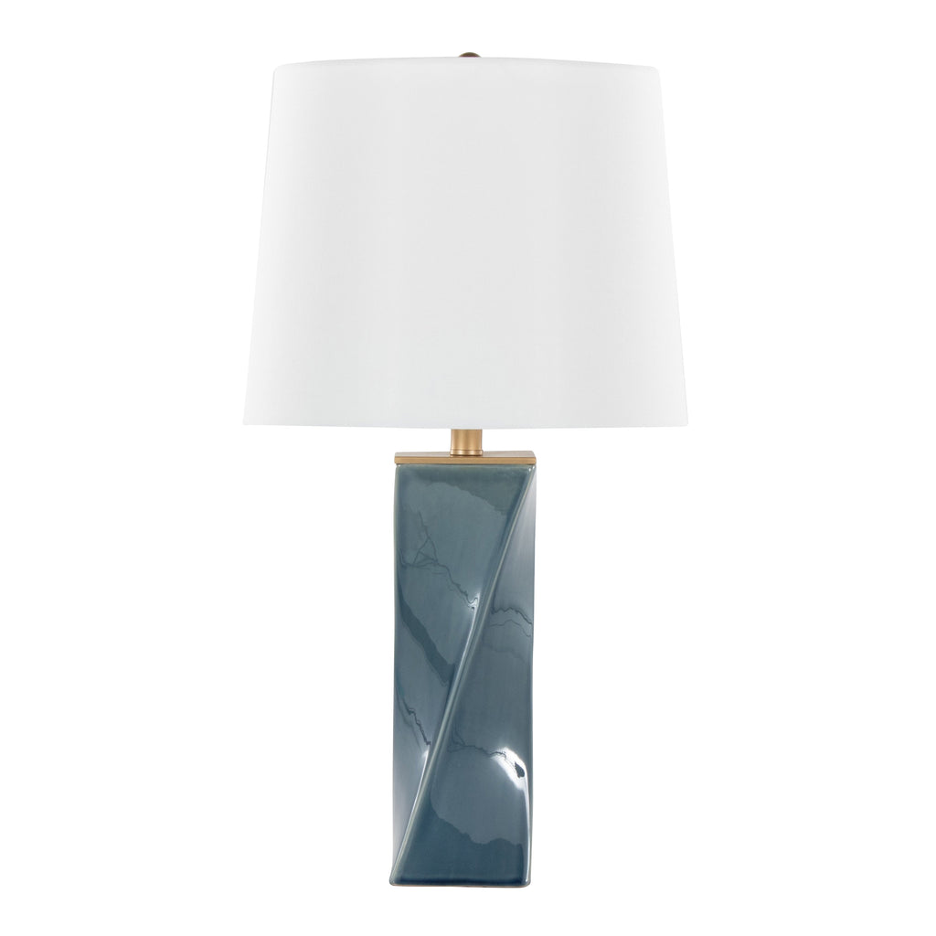 Curvo Square Contemporary 27' Ceramic Table Lamp in Blue Ceramic, Gold Metal, and White Linen by LumiSource