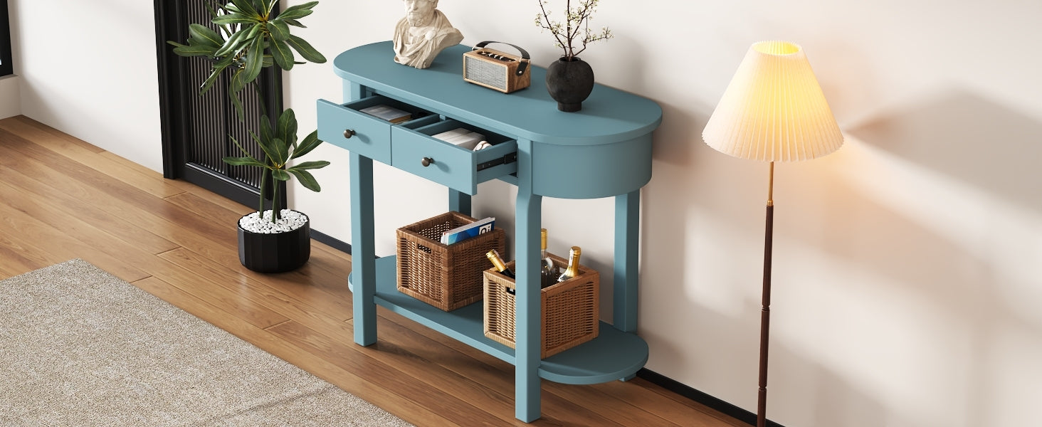 TREXM Elegant Retro Console Table with Curved Design and Smooth Glaze for Entryways, Living Rooms and hallways (Turquoise Green)