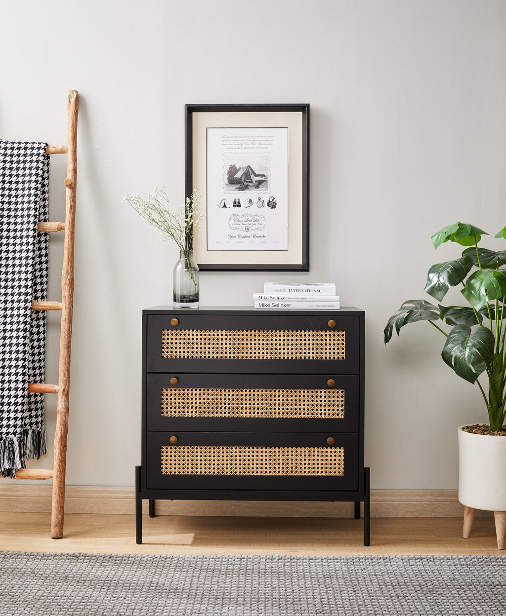 Rattan Storage Cabinet with 3 Large Drawers, Boho Mid-Century Wooden Nightstand Drawer Dresser, Sideboard Buffet Cabinet with Storage for Living Room Dining Room Hallway Bedroom, 30×15.8×30 Inches