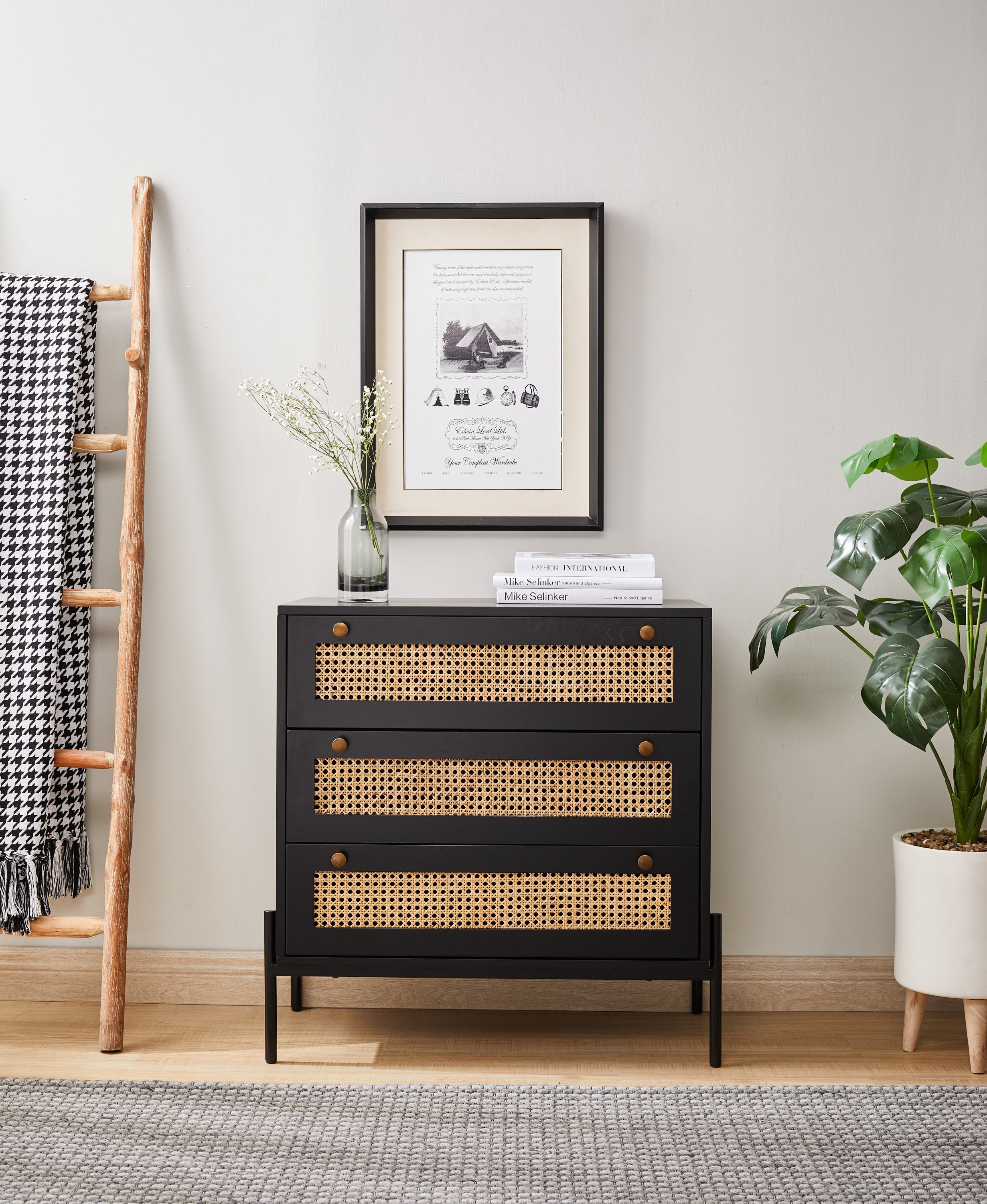 Rattan Storage Cabinet with 3 Large Drawers, Boho Mid-Century Wooden Nightstand Drawer Dresser, Sideboard Buffet Cabinet with Storage for Living Room Dining Room Hallway Bedroom, 30×15.8×30 Inches