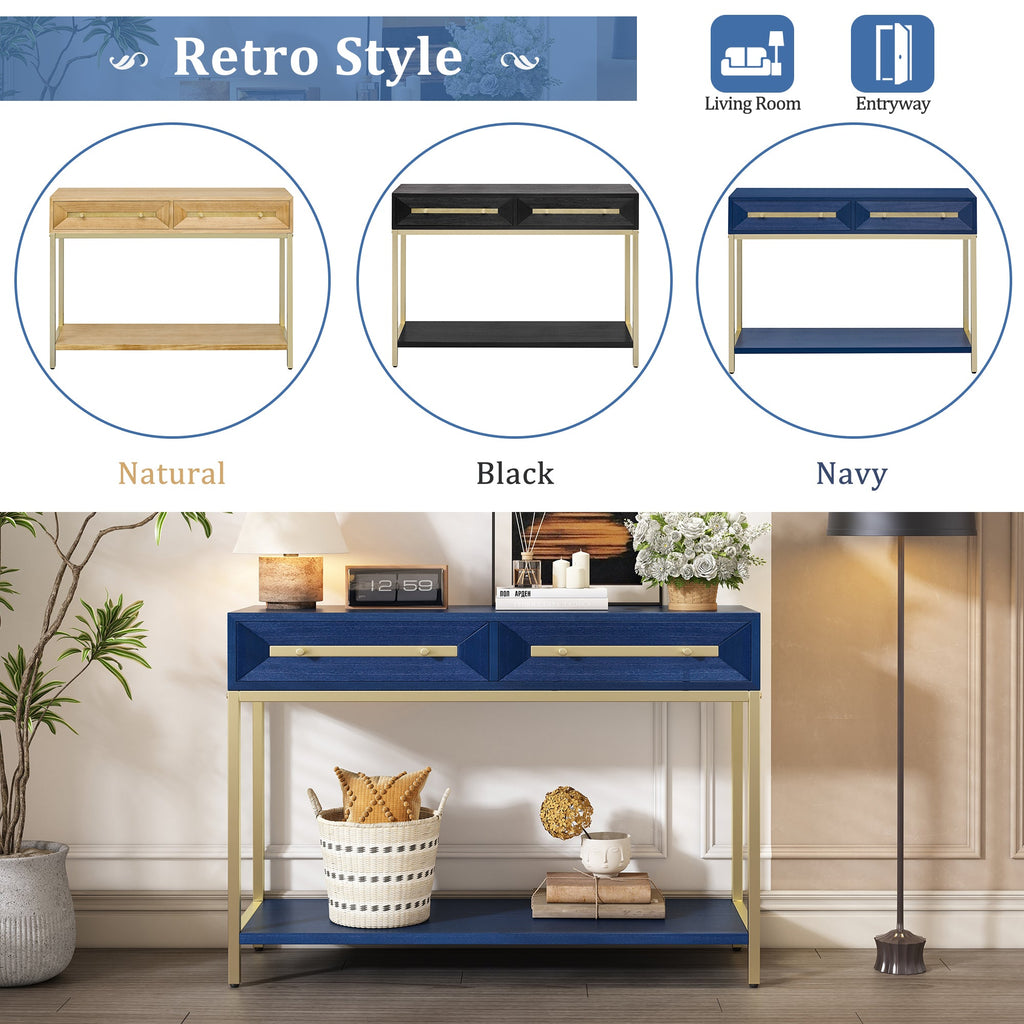 TREXM Entryway Table, Console Table with Two Drawers, Retro Hallway Table with Striking Geometric Design for Entryway and Living Room (Navy)