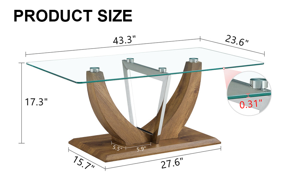 Modern minimalist transparent tempered glass coffee table with wooden MDF legs and stainless steel decorative columns. Computer desk. Game table. CT-907