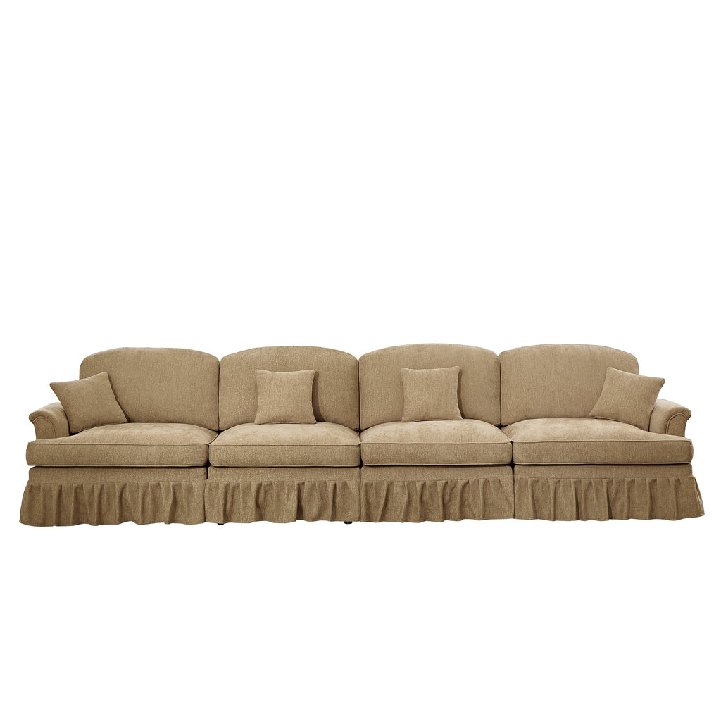 Elegant Mid Century Large 4 Seater Sofa Couch with Flared Arms and Removable Ruffles Pleats Skirts and Spindle Legs, Comfy Chenille Four-Seat Sofa for Living Room, Light Coffee