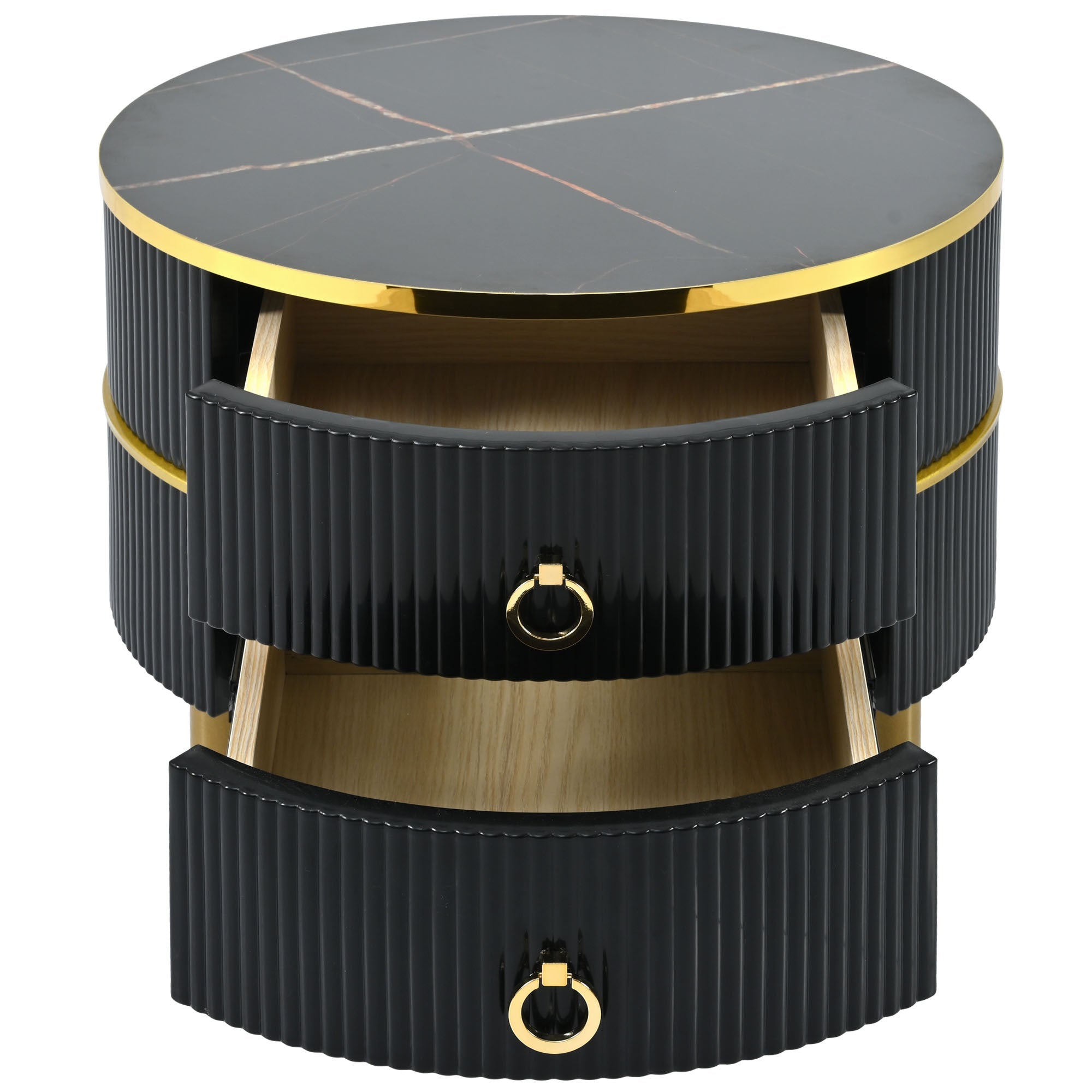 ON-TREND Φ27.5'' & Φ19.6'' Stackable Coffee Table with 2 Drawers, Nesting Tables with Brown Tempered Glass and High Gloss Marble Tabletop, Set of 2, Round Center Table for Living Room, Black