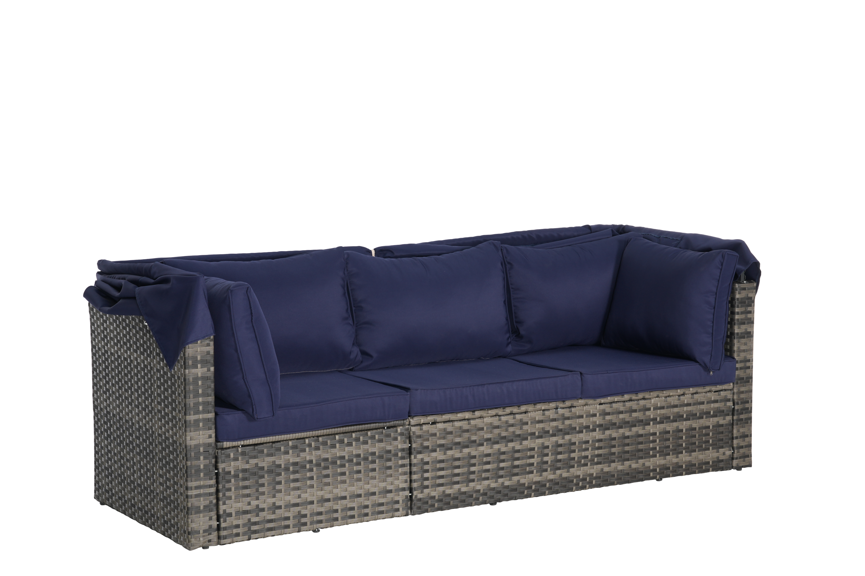 5 Pieces Outdoor Patio Wicker Daybed Furniture Set with Retractable Canopy, Storable Side Table, and Soft Cushions for Relaxing in Your Backyard or Porch