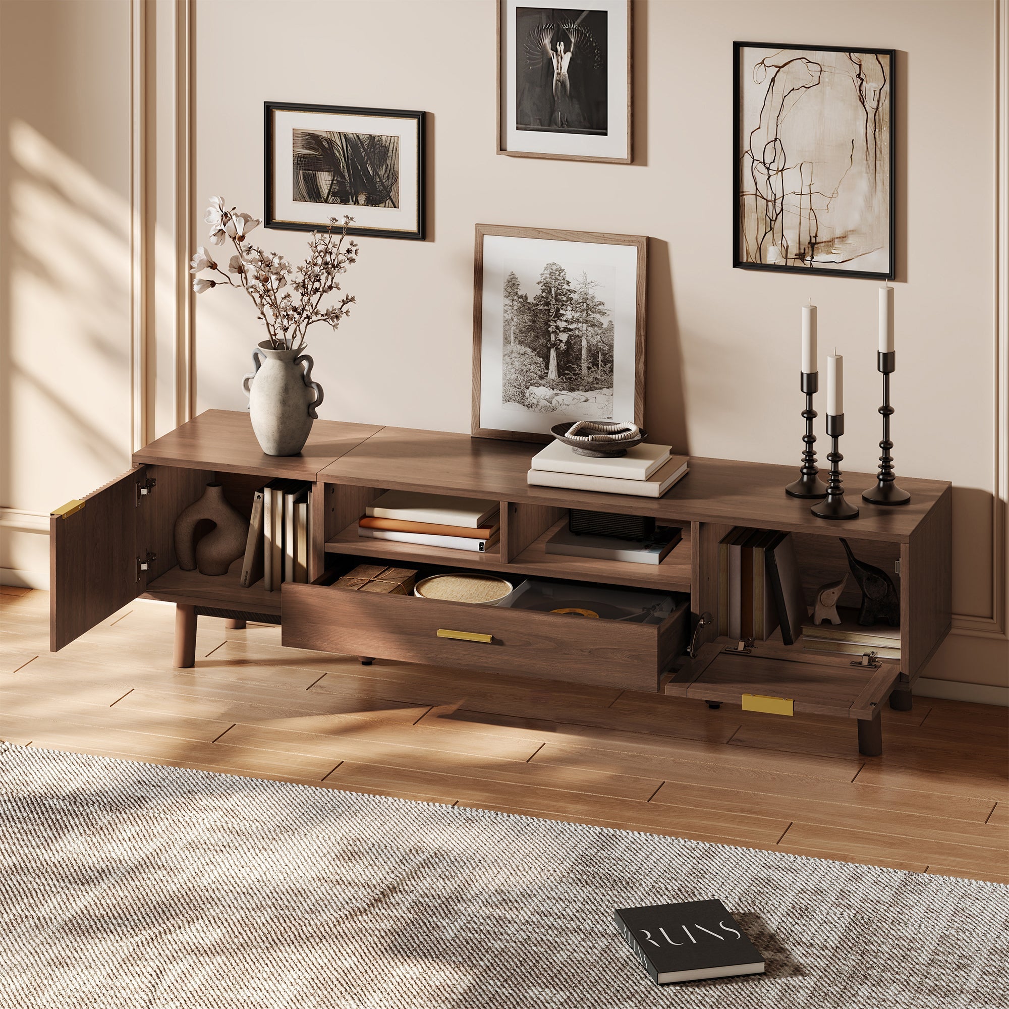 Wood Fashionable TV Stand for 75' TVs, TV Cabinet with Soft-Closing Door and Drop-Down Door Cabinet, Modern TV Consoles for Living Room, Bedroom
