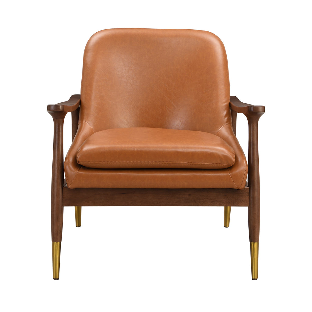 Mid-Century Faux Leather Accent Chair with Cushioned Seat, Solid Wood Frame, Brass-Tipped Legs, Brown
