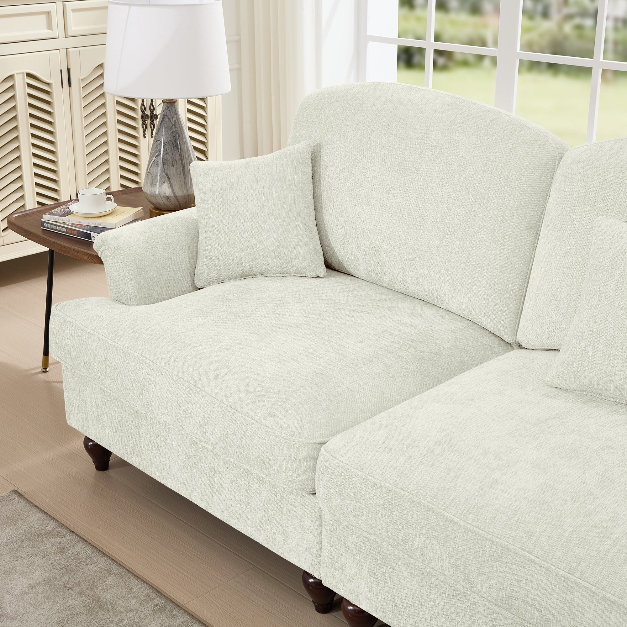 Elegant Mid Century Large 4 Seater Sofa Couch with Flared Arms and Removable Ruffles Pleats Skirts and Spindle Legs, Comfy Chenille Four-Seat Sofa for Living Room, Beige White