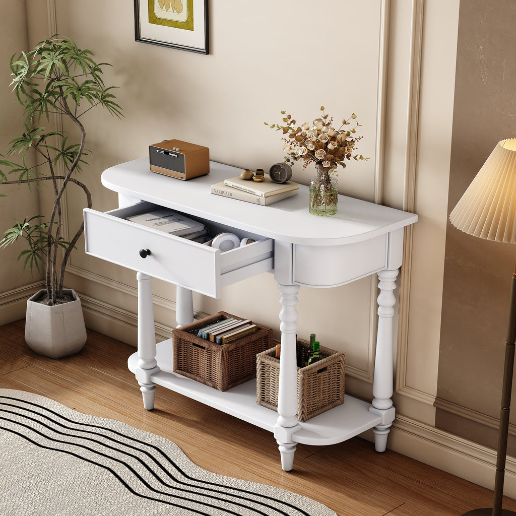 TREXM Narrow Console Table with Curved Corner, Retro Entryway Table with Top Drawer and Open Shelf, Sofa Table Console Tables for Entryway, Hallway and Living Room (White)