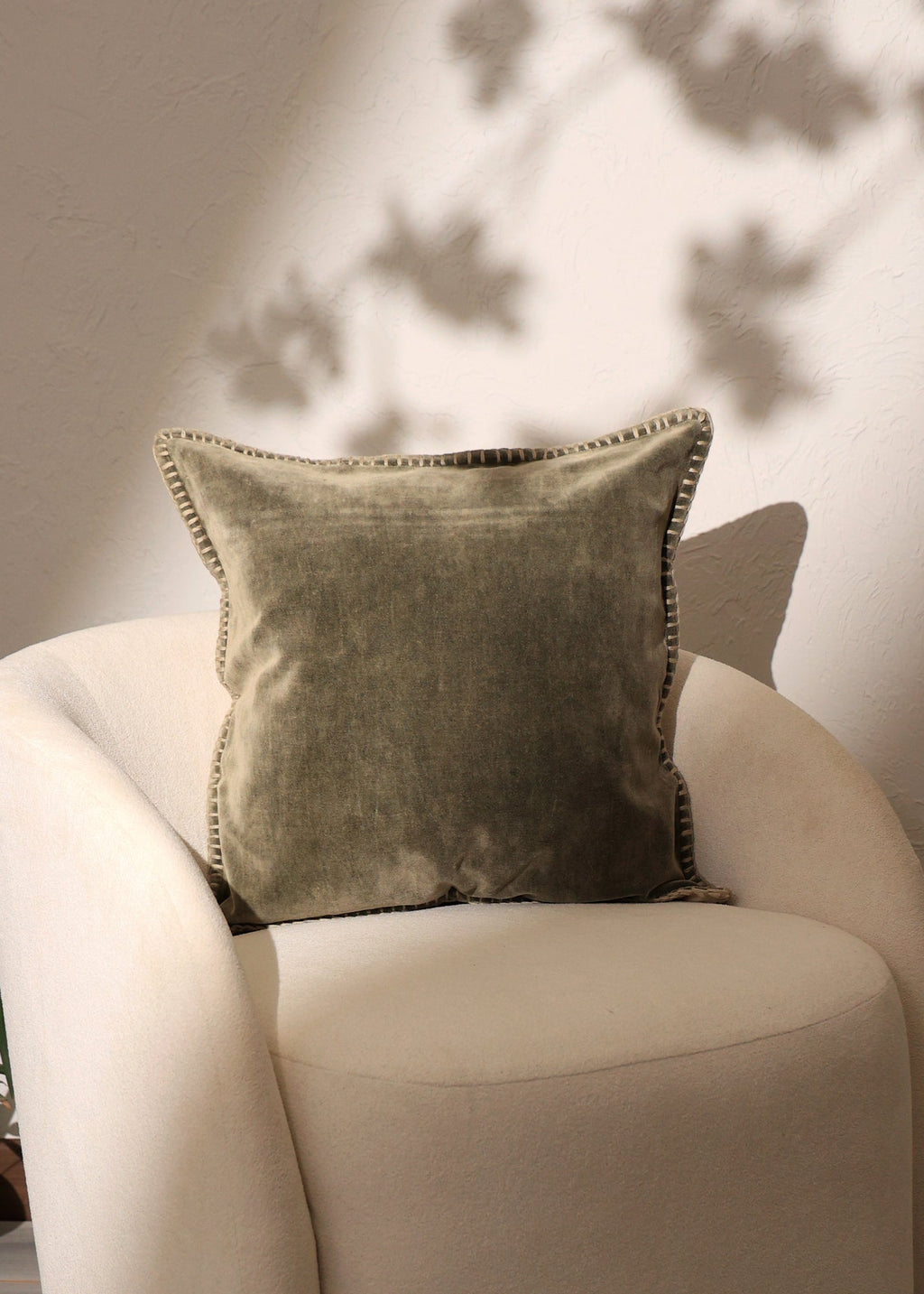 Stonewashed Cotton Velvet Throw Pillow with Decorative Handstiched Edges-19X19'