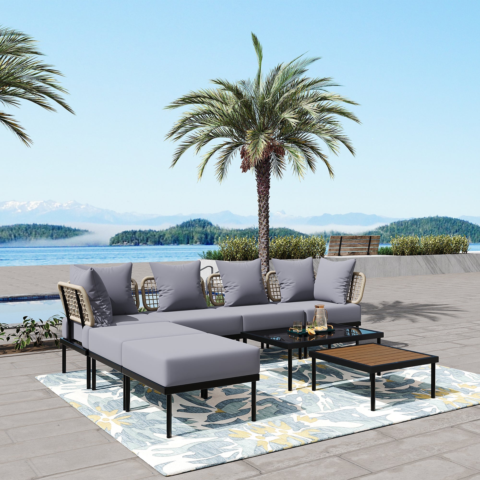 TREXM 8-Piece Patio Sectional Sofa Set with Tempered Glass Coffee Table and Wooden Coffee Table for Outdoor Oasis, Garden, Patio and Poolside (Light Grey Cushion + Black Steel)