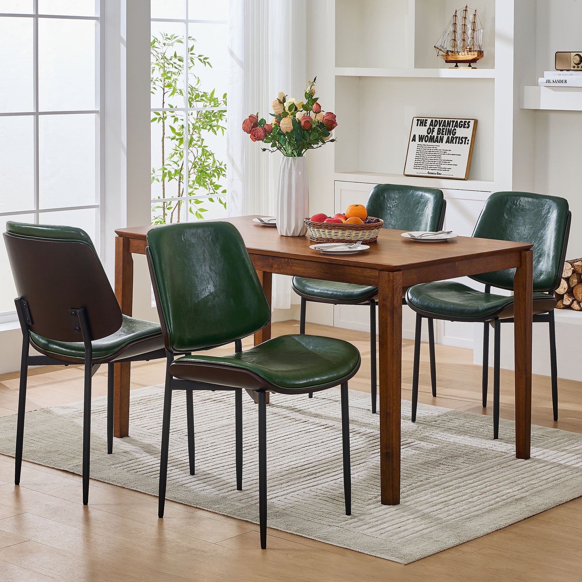 Mid-Century Dining Chairs Set of 2 – PU Leather Upholstered, Retro Walnut Bentwood Design with Adjustable Metal Legs, Green